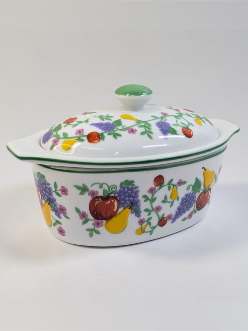 French Covered Butter Bell Dish White Multicolor Fruit 3 Piece Cook St Vintage